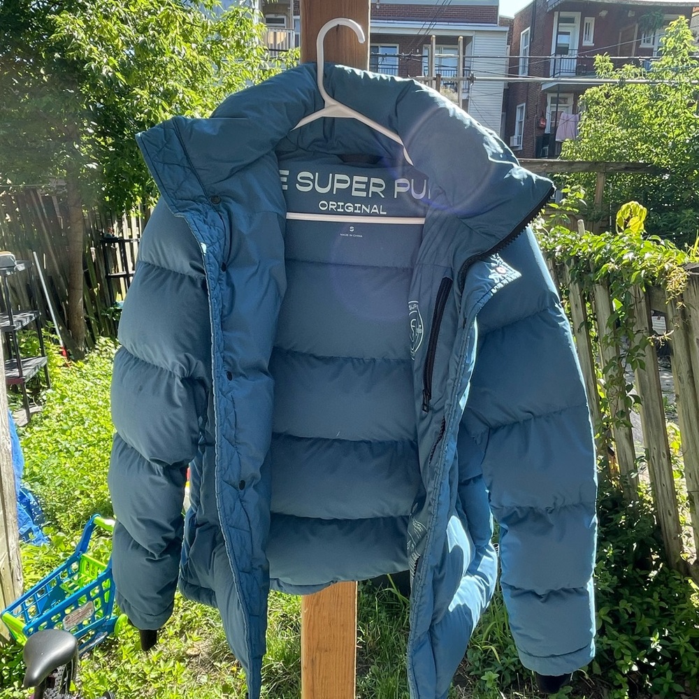 Aritzia Blue Puffer Jacket with High Collar and Hood